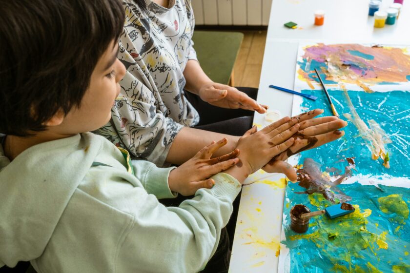 Children doing arts and crafts.