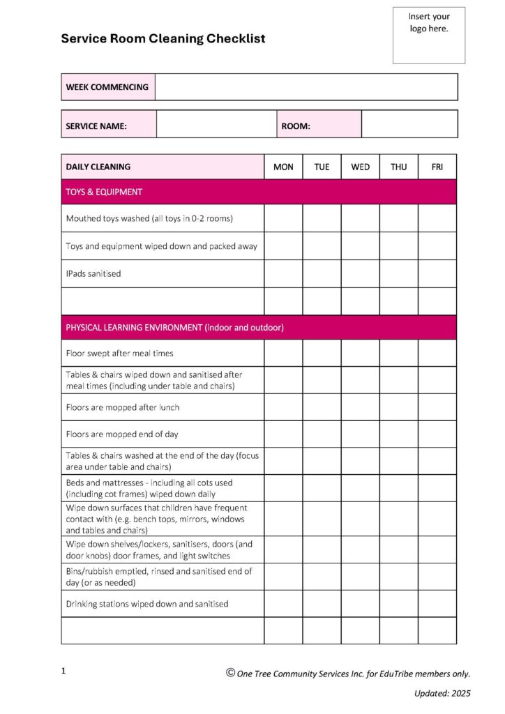 Service Room Cleaning Checklist